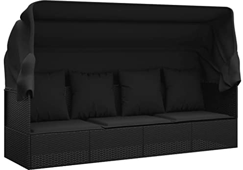 vidaXL Outdoor-Loungebett mit Dach und Kissen Schwarz Poly Rattan