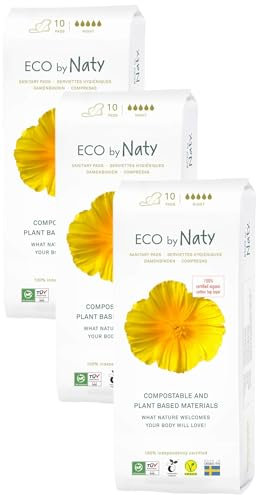 Eco by Naty Damenbinden Night – Pflanzliche und saugfähige Bio-Hygienebinden mit Flügeln, Menstruationsprodukt aus Bio-Baumwolle, Besser für die weibliche Gesundheit (10 Stück) (Packung mit 3)