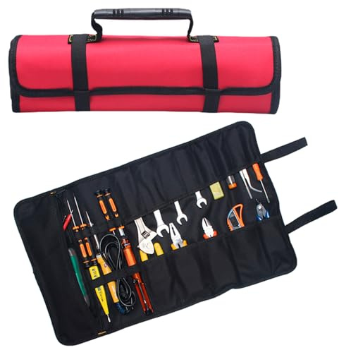 Tissting Verktygsrullväska med 14 fickor, Oxford-tyg, elektrikerverktygsväska, väska 58 x 35 cm, vattentät, arrangör för snickare, rörmokare (röd)