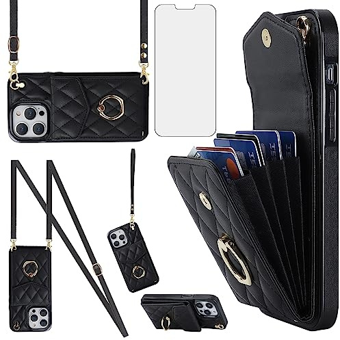Asuwish Compatible with iPhone 15 Pro Max 6.7 inch Wallet Case Screen Protector Ring RFID Blocking Card Holder Cell Phone Cover for iPhone15promax 5G i Phone15Max Plus iPhone15 ProMax Women Black