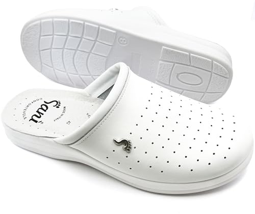 Anatomische Gesundheitsschuhe für Herren, Hausschuhe aus echtem Leder, Sanitär-Clogs, rutschfeste Schuhe zum Arbeiten, Made in Italy, Weiß, 45 EU