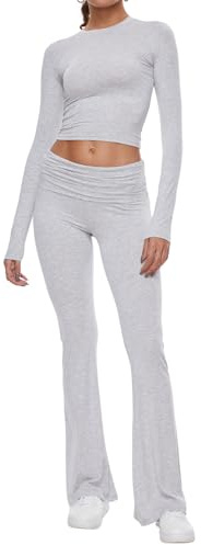 AnotherChill Women's 2 Piece Lounge Sets Fold-over Flare Pants Set Long Sleeve Cropped Top Casual Outfits Pajamas (Light-Gray, Medium)