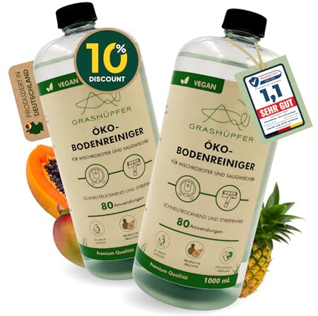2er Set - GRASHÜPFER® Öko Bodenreiniger für Wischroboter [TROPISCH] - Wischroboter Reinigungsmittel kompatibel mit Roborock, Dreame, Ecovacs & Co. geeignet für Laminat, Parkett & Fliesen - 2x1000ml