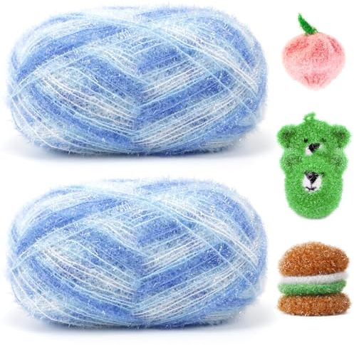 Uiopa Schwammgarn, 200g(2 x 100g, 2 x 200m) Glitzer Crochet Yarn, Flauschige Schwammwolle Garn zum Häkeln Stricken Spültücher Badeschwämme Dekoration DIY Crafts