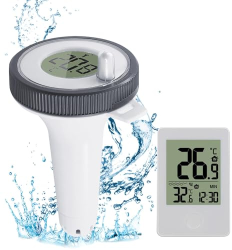 Gobesty Poolthermometer Funk Digital – Schwimmendes Badethermometer mit LCD-Empfänger & 60m Reichweite – IP67 Wasserdicht, Min/Max Speicher – Präzises Teichthermometer für Pool, Whirlpool & Teich