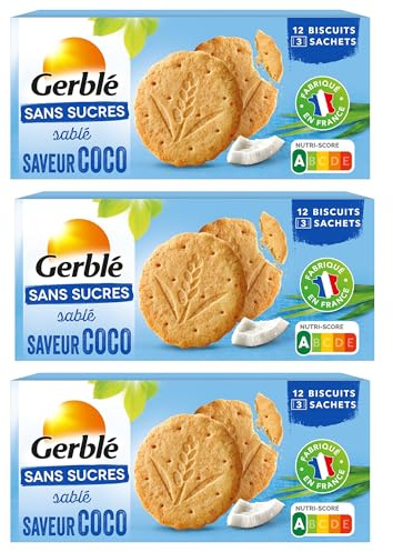 GERBLÉ – Biscuits Coco – Sans Sucres – Sans Huile de Palme – Nutri-Score A – 3 Sachets Individuels – 12 Biscuits – Lot de 3 Boîtes
