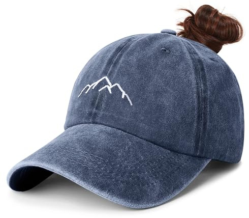 HeyCaps hästsvans baseballkeps kvinnor andas justerbar basebollkeps bomull keps solskydd basecap tennis golf sport keps, Mountain – blå, M-L