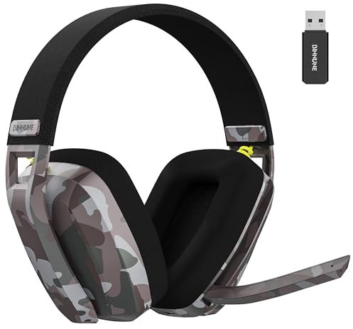 BINNUNE BW06 Cuffie Gaming Wireless, 2,4 GHz Cuffie Gaming con Microfono per PS5, PS4, PC, Switch, Mac, Mobile, Cuffie per PS5 con Stereo, Cuffie Bluetooth Over Ear, Batteria da 60 Ore Mimetico