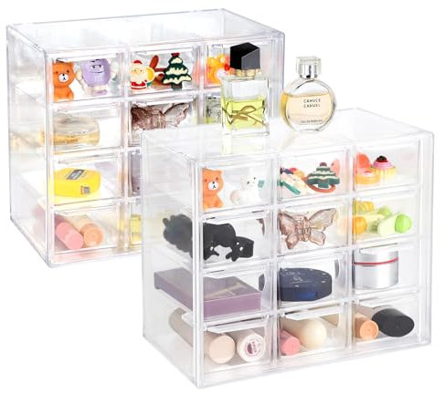 SUPAWAY 2 pièces Organiseur de bureau avec 12 mini tiroirs boîtes de rangement pour petites armoire de rangement transparente empilable boîte de tri de bureau organisateur Bacs à tiroirs acrylique