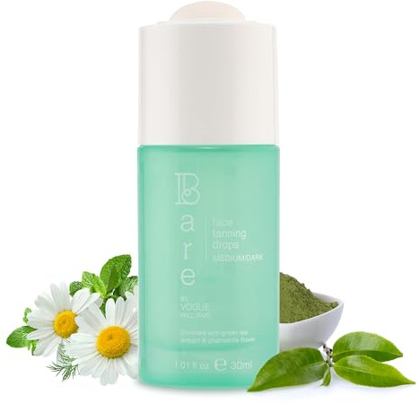 Bare By Vogue Face Tanning Drops - Medium/Dark, Customisable Sun-Kissed Glow - Infused with Green Tea, Chamomile, and Pomegranate Extract - For Smooth, Hydrating & Radiant Skin (30ml)