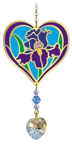 Birthmonth Flower Sun-Catcher Mobile - Stained Glass Effect - Sparkling Crystal Heart Adorned - Embellished with Hand-Crafted Beadwork (February - Iris)