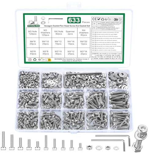 633 Pcs M3 M4 Nuts and Bolts Set, Hex Socket Head Cap Screws Bolt and Nut, Assorted bolts and nuts and Washers Assortment, DIN912 Machine screws set, Hex Socket Cap Head Screws Bolts Set