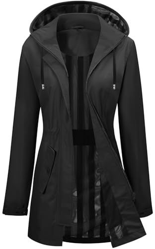 Tuopuda Giacca da Pioggia da Donna Lungo Cappuccio Impermeabile Antipioggia Donna Giacca a Vento Cappuccio Mantella Leggera Poncho Impermeabile per Campeggio all'aperto Escursionismo(Nero,M)