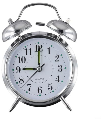 Réveil mécanique à double cloche, finition chromée, aiguilles lumineuses, grand cadran pour chambre à coucher