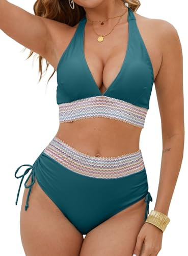Yutdeng Bikini för kvinnor sexig triangel bikini för kvinnor set push-up bikinis för kvinnor v-ringad tvådelad baddräkt magkontroll hög midja baddräkter nackhållare badkläder färgblock baddräkt