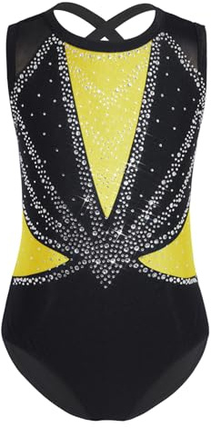 Yruioon Flicka gymnastikdräkt glitter gymnastikdräkt ärmlös balettdräkt balettdräkt balettdräkt gymnastik leotard konkurrens danskostym, A-gul, 134-140