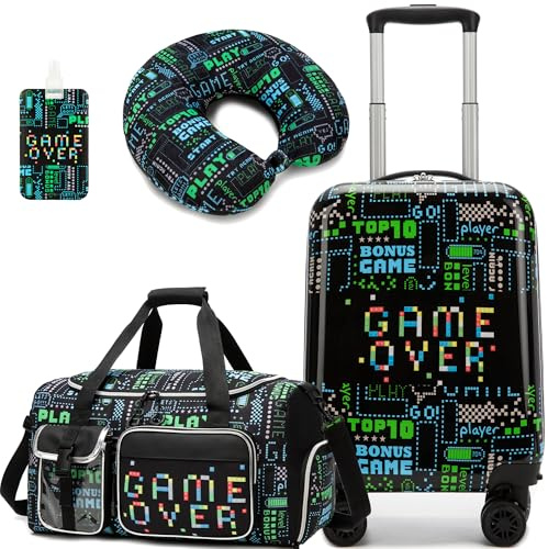 HTgroce Kinderkoffer mit Kinder Duffle Bag, Kindertrolley mit Schwimmtasche Kinder, Nackenkissen & Gepäckanhänger, Kindergepäck mit Rollen, Handgepäck Reisekoffer Hartschalenkoffer für Jungen