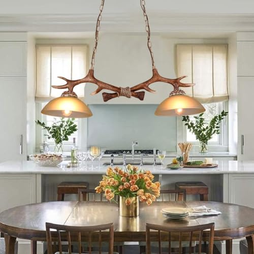 Pendelleuchte Retro Pendellampe E27x2 Esstischlamp Resin Geweihe Hängelampe American Ländliche Kronleuchter Höhenverstellbarer Lampenschirm Glas Hängeleuchte Bar Wohnzimmer Cafe Küche Deckenleuchte(B)