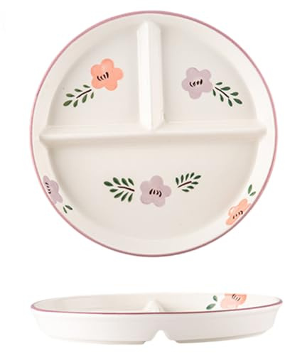 Hbbgdiy Modèle floral rond Plaques divisées en céramique 8 × 1 pouce, 3 compartiments Portion Contrôle Plaques pour enfants et adultes, déjeuner scolaire, repas en famille et pique-niques