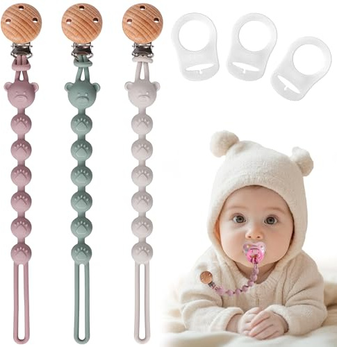 EARLY MINDS 3er-Set Schnullerketten Aus Silikon, Rosa Salbeigrün Hellgrau | BPA-frei Schnullerkette für Baby, Einteiliges Design mit robustem Clip, Schnullerhalter für Mädchen & Jungen, Elastisch