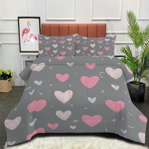 DLERFLOVR Single Duvet Set, Soft Cute Love Heart Coverless Duvet with 2 Pillowcases, Children'S Illustrations Down Alternative Bedding Quilted Comforter Sets for All Seasons, 140x200cm Charcoal Gray