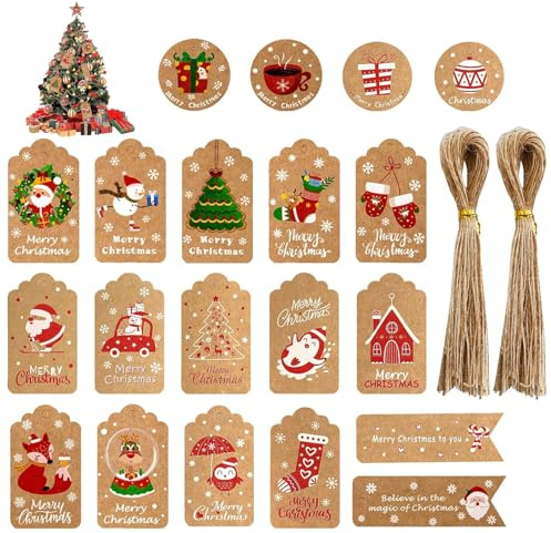 100pz Vintage Etichette Regalo di Natale con Spago, Forme Assortite Etichette con Nome di Natale Etichette in Carta Kraft per Confezioni Regalo Artigianato Natalizio Decorazioni per Casa