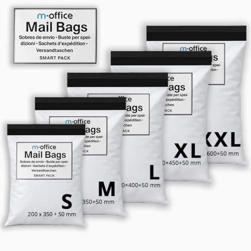 M-office Versandtaschen Selbstklebend 200 Stk Mix 5 Größen (S bis XXL) Versandtaschen wasserdicht selbstklebend für Kleidung, Pakete & Online-Shops – Recycelbar mit sicherem Verschluss