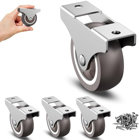 2 Ihch Fixed Caster Wheels, Low Profile Casters, Rubber Caster Wheels, Low Noise Polyurethane Wheels for Furniture, Drawers, Storage Bins, and Workbench(Silver 4PCS, 2 inch)