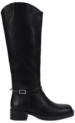 BOSANOVA Botas Altas Planas para Mujer Estilo Bota de Montar con Pieza metálica en el talón, Hebilla de aleación de Zinc y Suela Plana. Cierre con Cremallera. Calzado para Mujer