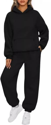 OLIPHEE Conjunto Chándal Mujer Conjunto Deportivo Mujer 2 Piezas Sudadera con Capucha y Pantalón Chándal Ropa Deportiva Invierno Otoño Outfit Fitness A-Negro M