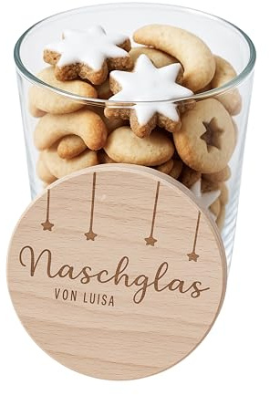 Generisch Personalisiertes Naschglas mit Holzdeckel | Geschenkglas mit Namen | Geschenk für Kinder & Erwachsene | Graviertes Süßigkeitenglas