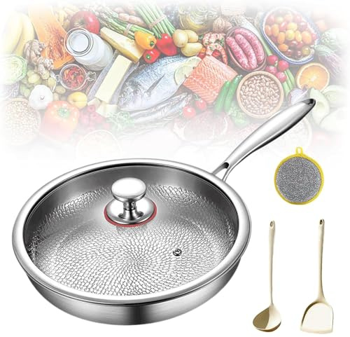 Padelle in Titanio, Padella Antiaderente Titanio Martellato, Padella Pro in Titanios Martellato con Coperchio, Padellas in Titanios Senza Rivestimento, Adatto a Tutte le Stufe (Con Coperchio, 26cm)