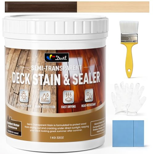 DWIL Water Based Wood Stain, Semi-Transparent Outdoor Wood Stain and Sealer in One, Fast Drying, Non-Toxic, Low Odor, Waterproof and Weather Resistant for All Wood Surfaces (32Oz Dark Brown)