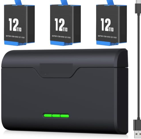 Paquete de 3 baterías de repuesto de 2250 mAh para GoPro Hero 12/11/10/9, incluyendo un cargador rápido tipo C/USB de 3 canales, compatible con cámaras GoPro Hero 8/9/10.