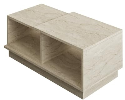 Moderna Mesa de café con bandejas, Color travertino, 90 x 36 x 45 cm, Tablero de partículas Recubierto de melamina 100%, 18 mm de Grosor, solución de Almacenamiento Elegante y Funcional