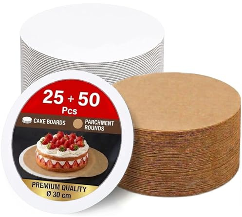 25 Piezas Bases para Tarta Redondas, 30 cm Soportes para Tartas Redondos | con 50 Hojas de Papel de Horno, Base Pastel Blanco Reutilizable para Pasteles,para Pasteles y postres de 8-10 Pulgadas