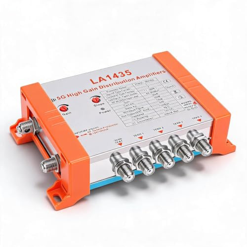 Sxhlseller Amplificador de distribución de 4 vías con alta ganancia de 35 DB, filtro 5G LTE, 1 entrada 4 salidas, ultra bajo ruido, para conexión multi-TV y gestión de cables (enchufe UE)