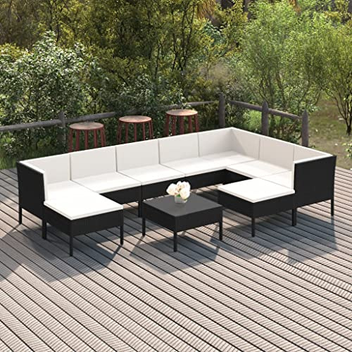 LoogCape 10-TLG. Trädgård loungeset med dynor av svart polyrattan för terrass balkong och utomhus, väderbeständigt trädgårdsmöbelset med bord, soffhörna, pallar, klädslar