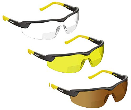 voltX 3 x GT ADJUSTABLE Gafas de Seguridad de Lectura Bifocales Mixtas +2,0 | Certificadas CE EN166FT. 3 pares con lentes transparentes, amarillas y marrones UV400 antivaho. Cordón incluido.