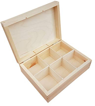 Wooden Tea Bag Box with Six Compartments, Unpainted