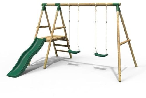 Rebo® Double Wooden Swing Set with Platform and Slide - Gemini | OutdoorToys | Kids' Outdoor Wooden Play Equipment for Gardens, Frame and Accessories Included, Weather Resistant
