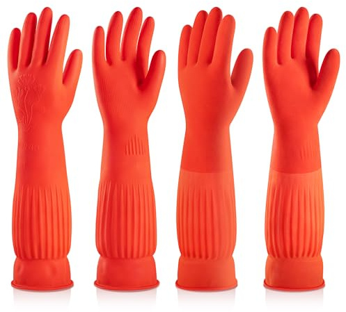 ThxToms Rubber Dishwashing Cleaning Gloves (2-Pair) - Fleece Lined, Reusable, Waterproof with Extra-Long Cuff & Anti-Slip Design for Household & Kitchen Use - Large