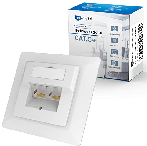 hb-digital 1x CAT 5e Netzwerkdose für CAT.7 CAT.6A CAT.6 CAT.5 Verlegekabel mit 2X RJ45 Port | Unterputz Datendose Universal EIA/TIA 568A&B 8P8C Gigabit Ethernet RAL9003 Signalweiß
