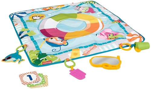 Fisher-Price Manta de actividades para bebé decorado como piscina. Incluye mordedor, espejito snorkel, sonajero limonada y tiburón que cruje (Mattel GRR44)