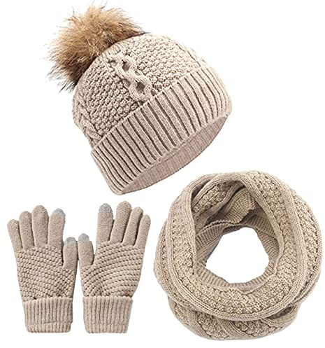 CheChury Wintermütze Schal Handschuhe Sets Damen Strickmütze Kombiset Strickset Beanie Loop Schal Gestrickt Mütze Set Strickmütze Fleece Pompon Touchscreen-Handschuhe Geschenkset,Beige,one size
