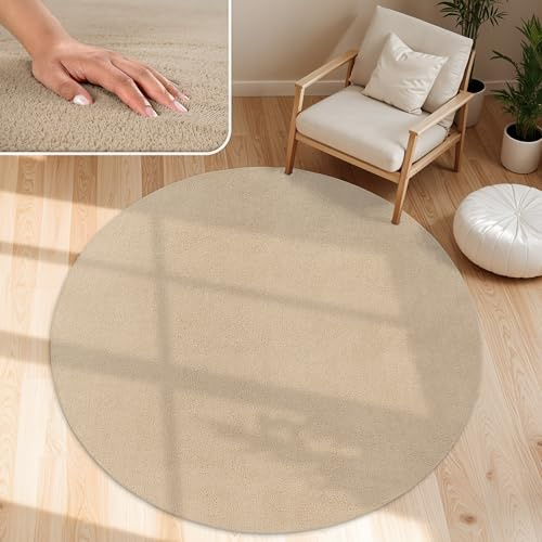 Paco Home Moderner Kuscheliger Wohnzimmer Teppich Kurzflor waschbar flauschig Weich Einfarbig Felloptik zeitlos stilvoll rutschfest pflegeleicht, Grösse:160 cm Rund, Farbe:Beige 2