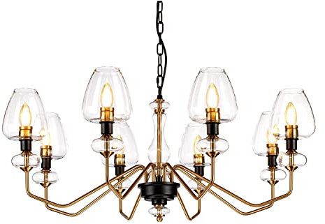 Licht-Erlebnisse Kronleuchter mit Schirm 8-armig in Messing Schwarz E14 Metall Glas Ø91cm Esszimmer Wohnzimmer Hängelampe