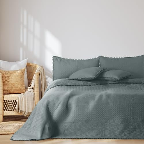 AmeliaHome Tagesdecke mit Pompons 220x240 cm Bettüberwürf Meadore | zweiseitig Ultrasonic Steppung Polyester Grau