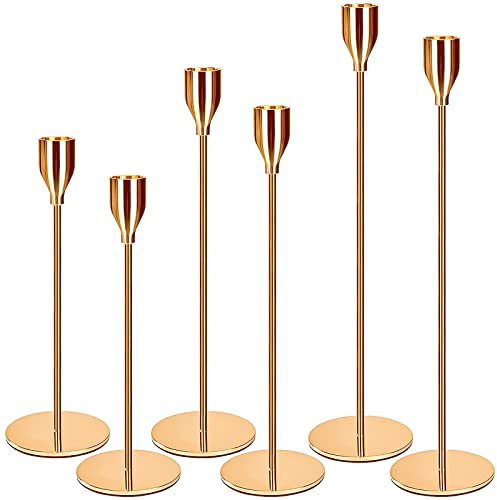 Amzeeniu Kerzenständer Gold 6 Set Kerzenhalter Hochzeit Kerze Stand Hoch Kerzenleuchter,Kegelkerzenhalter für Party Hochzeit Deko Tabelle Geburtstag Abendessen Kerzenhalte Vintage Deko Gold