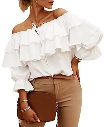FeMereina Women's Off Shoulder Ruffle Long Sleeve Blouses Casual Layered Tops Casual Ruffles Tie-Up Chiffon Summer Tops (White, Large)